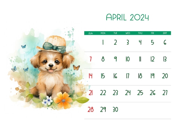 Acuarela lindo bebé cachorro Calendario infantil imprimible de pared 2024 Diseño de animales de acuarela