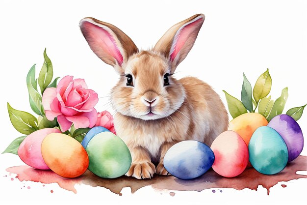 Acuarela lindo conejo de Pascua con huevos multicolores y flores de primavera es una ilustración de un personaje infantil en un fondo blanco una tarjeta de vacaciones tradicional generada por la IA