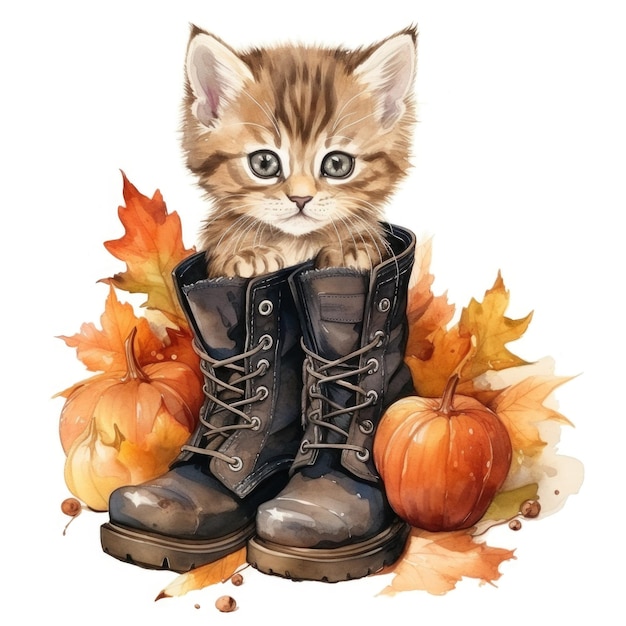 Acuarela lindo gatito sentado en las botas de otoño IA generativa