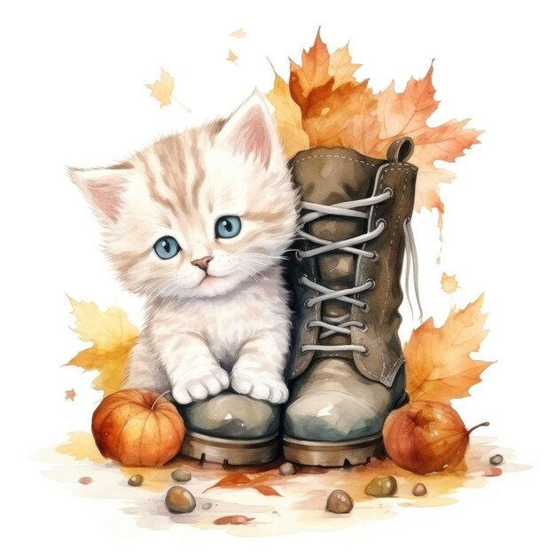 Acuarela lindo gatito sentado en las botas de otoño IA generativa