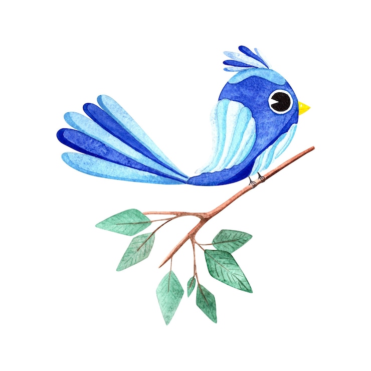 Foto acuarela lindo pájaro azul en una ramita con hojas en estilo de dibujos animados sobre fondo blanco.