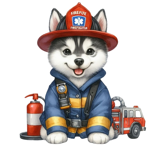 Acuarela lindo perro Husky bombero Clipart