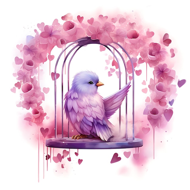 Acuarela de Lovebird encaramado en un columpio en forma de corazón con una camiseta plana 2D con clipart brillante