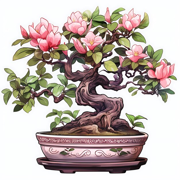 Foto acuarela magnolia bonsai árbol marmol pot hojas brillantes camiseta clásica conc clipart isolada