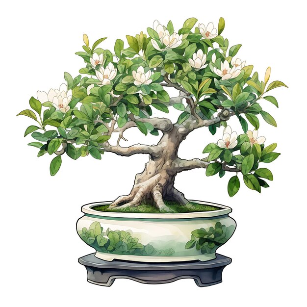 Foto acuarela magnolia bonsai árbol marmol pot hojas brillantes camiseta clásica conc clipart isolada