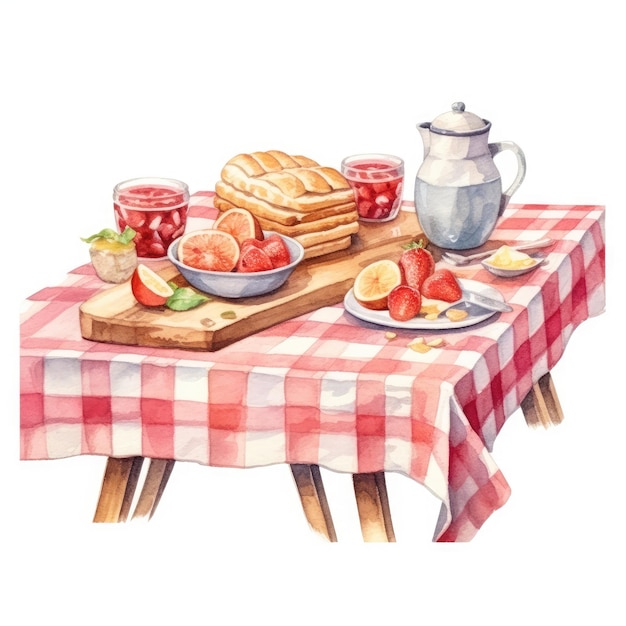 Acuarela de un mantel a cuadros rojo y blanco sobre una mesa de picnic de madera