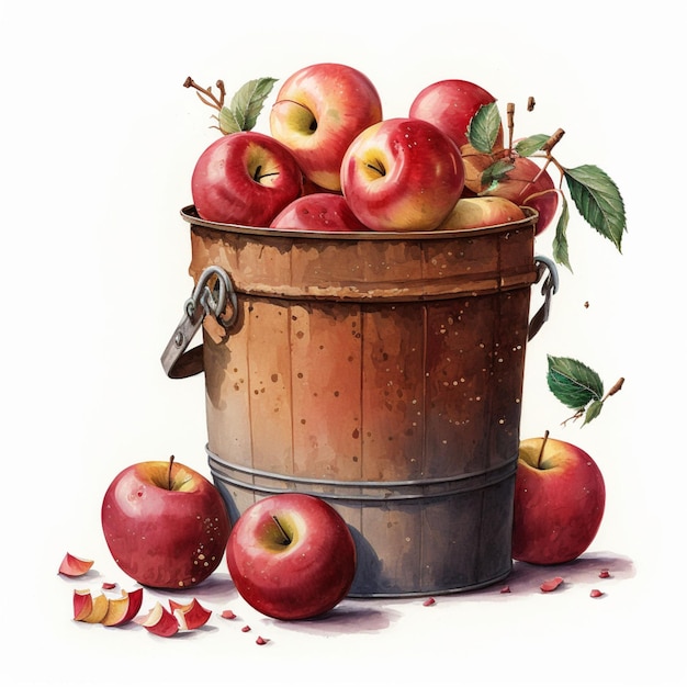 Acuarela Manzanas Rojas En Cesta Comida Fruta Ilustración Creativa