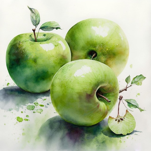 Acuarela Manzanas Verdes En Cesta Comida Fruta Ilustración Creativa