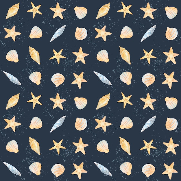 Acuarela mar patrón sin costuras de estrellas de mar conchas peonías de concha sobre un fondo blanco aislado mundo submarino dibujo a mano verano clipart Postales embalaje tela diseño textil