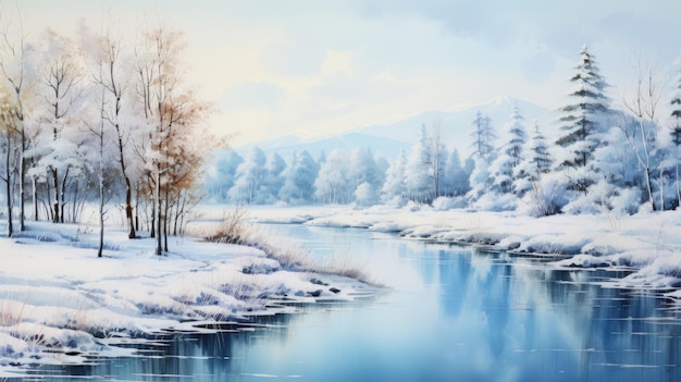 acuarela maravilloso paisaje de invierno 39