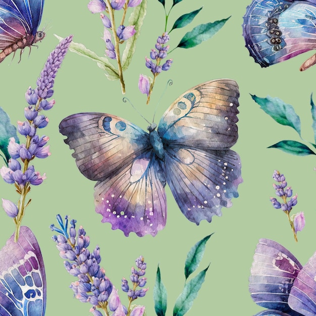 Acuarela mariposa y flor de lavanda pintura elegante sin fisuras de fondo