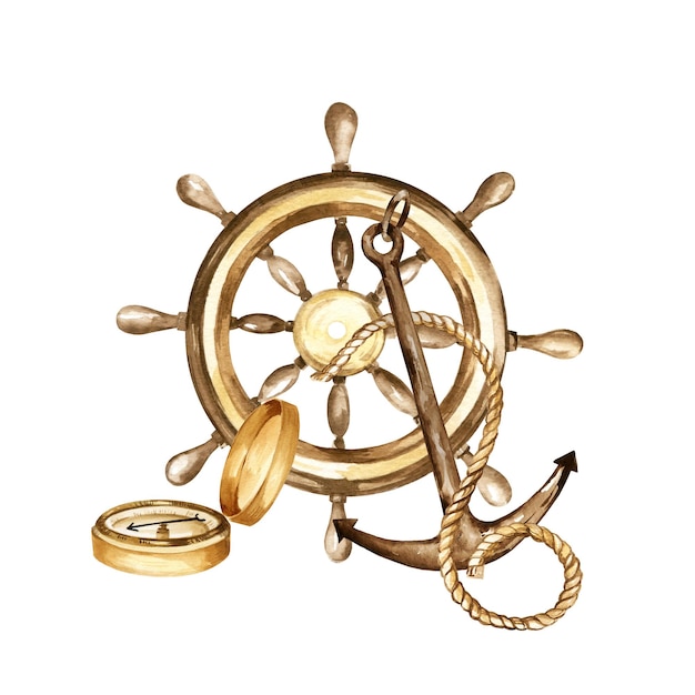 acuarela de metal viejo oxidado ancla y cuerda náutica de época marrón con textura de barco volante de navegación brújula ilustración marina aislada en fondo blanco para imágenes marinas