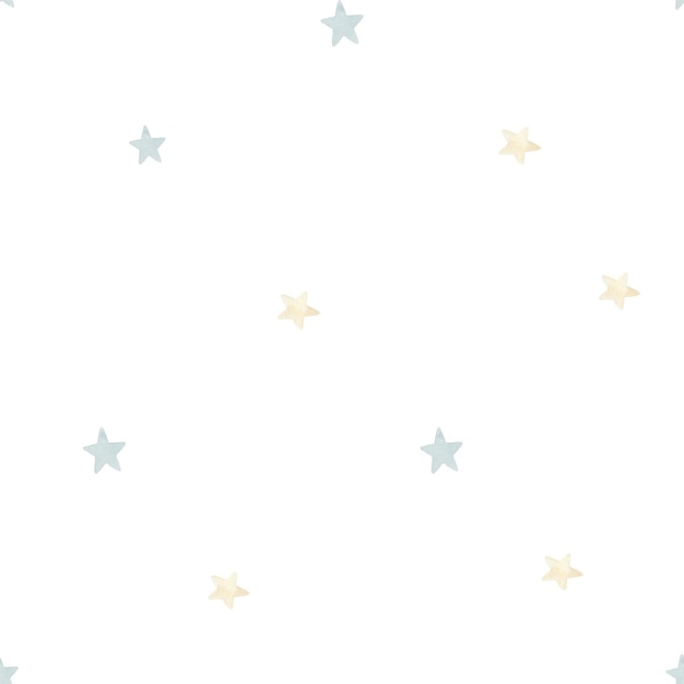 Acuarela minimalista de patrones sin fisuras con estrellas azules y amarillas sobre fondo blanco.
