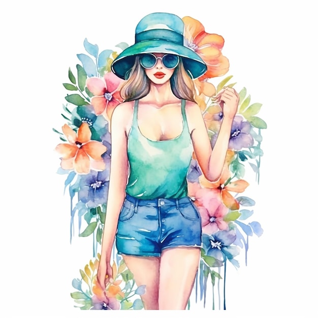 Acuarela Moda de verano con flores Clipart