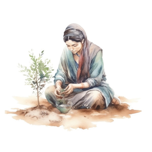 Acuarela de una mujer musulmana plantando un árbol.