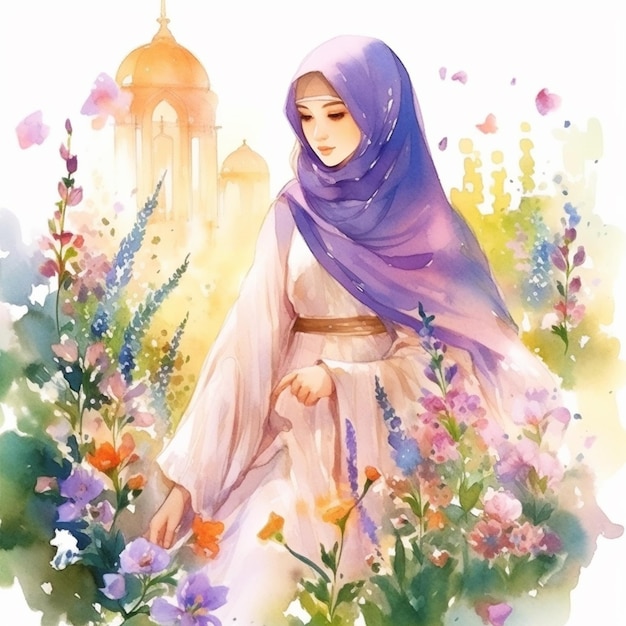 Acuarela musulmana hijab niña en jardín