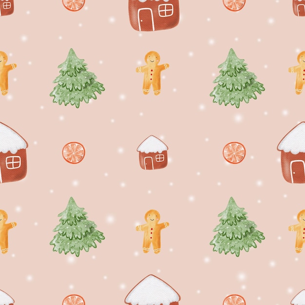 Acuarela de Navidad patrón sin costuras dibujado a mano pan de jengibre casa pan dejengibre hombre árbol de Navidad