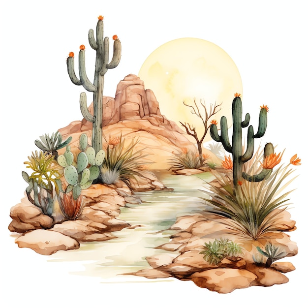 acuarela oasis del desierto oeste salvaje oeste vaquero desierto ilustración clipart