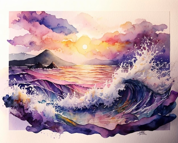 Acuarela océano en la puesta de sol olas de agua arte de acuarela ilustración abstracta