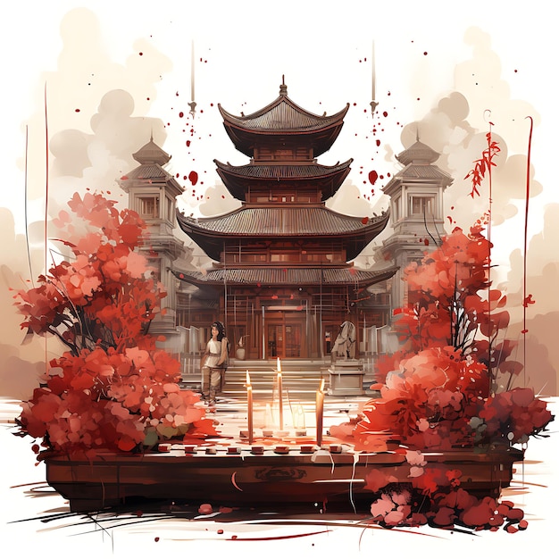 Acuarela de la ofrenda de incienso en un templo con palos de incienso rojo Spiritu Flat 2D Art Digital