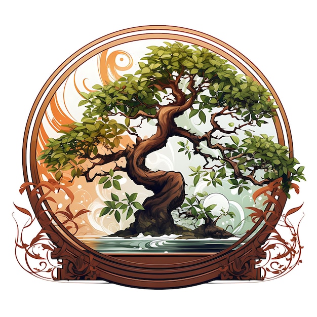 Foto acuarela de olmo chino bonsai olla de cobre oval hojas yin yang concepto una camiseta clipart aislada