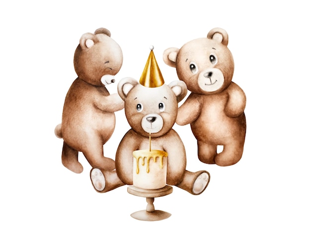Acuarela osos de peluche de dibujos animados con gorra dorada de cumpleaños y pastel con vela dorada