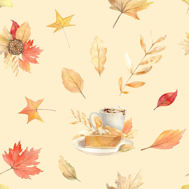 Acuarela otoño de patrones sin fisuras con acogedores símbolos pintados a mano de la temporada de otoño.