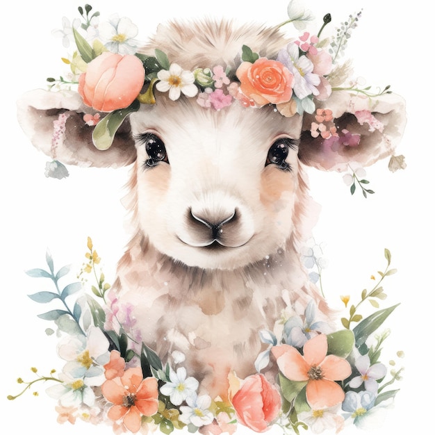 acuarela de ovejas con ilustraciones de flores
