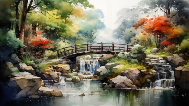 Foto una acuarela pacífica de un jardín zen con un pequeño puente y rocas ai generative