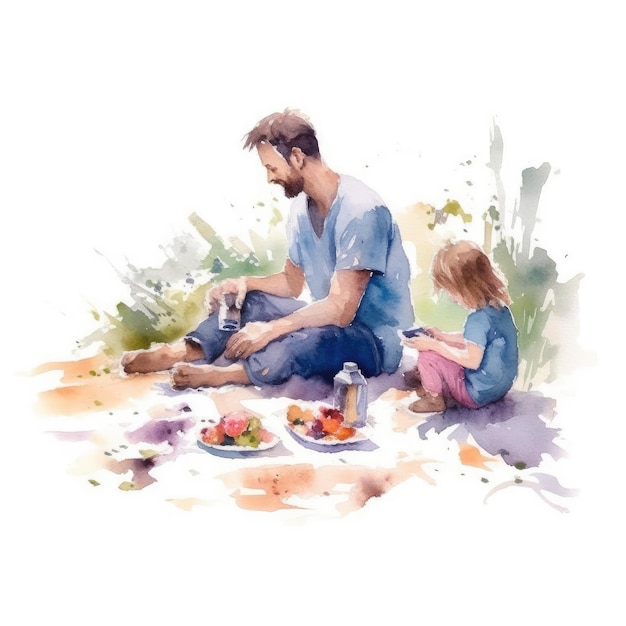 Acuarela de padre e hijo disfrutando de un picnic