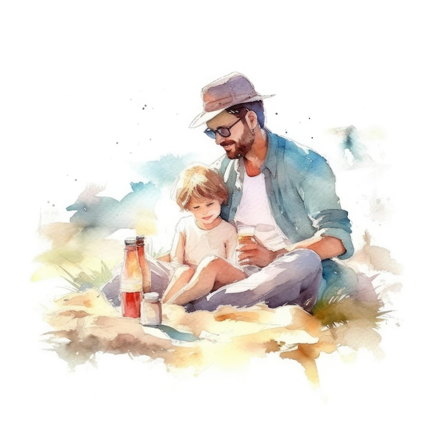 Acuarela de padre e hijo disfrutando de un picnic