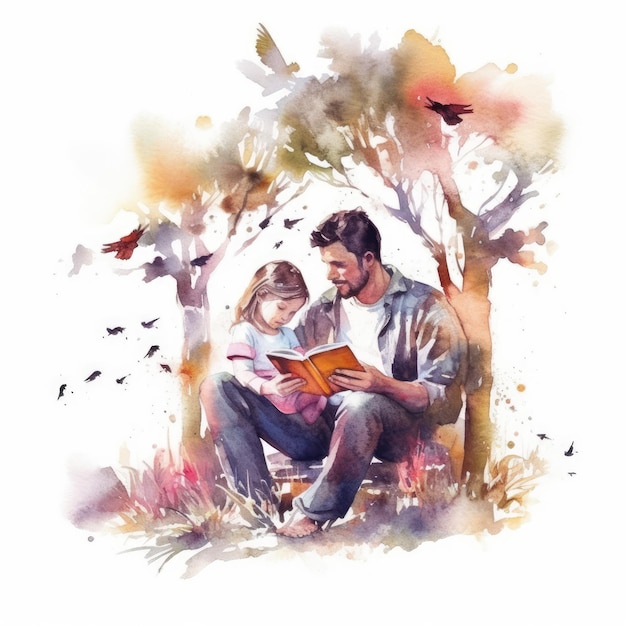 Acuarela de padre e hijo leyendo un libro juntos bajo un árbol