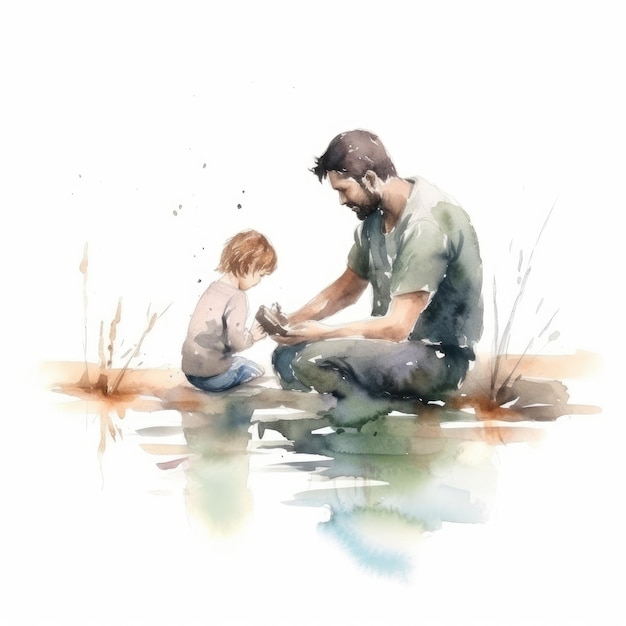 Acuarela de padre e hijo pescando