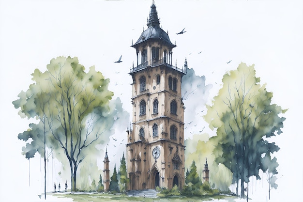 acuarela_paisaje antiguo clock_tower