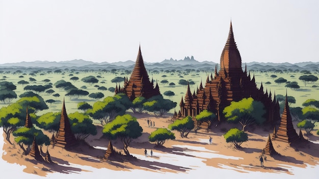 Acuarela paisaje contemporáneo Bagan Myanmar concepto de viajes y turismo