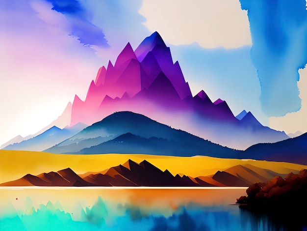 Acuarela Paisaje Ilustración Montañas Cordillera Fondo Colorido Reproducción Pintura