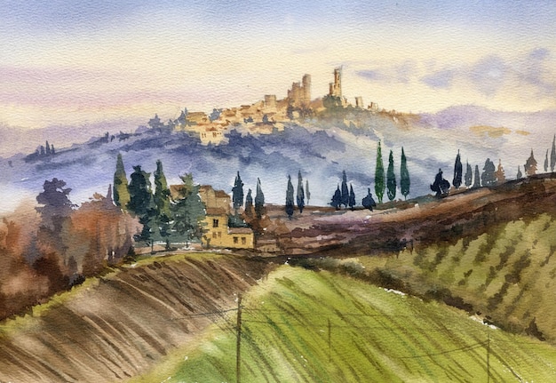 Acuarela paisaje de Italia dibujar a mano ilustración San Jiminiano Tarde en Italia Atardecer nublado