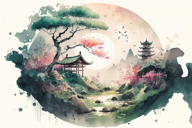 Acuarela paisaje japonés