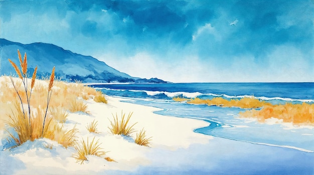 Acuarela Paisaje marino de playa y montañas