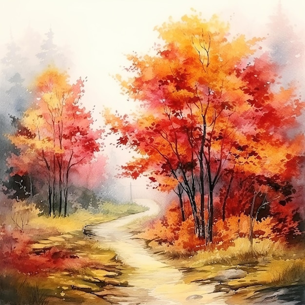 Acuarela paisaje de otoño pintura a la acuarela caída de hojas