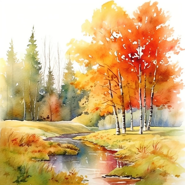 Acuarela paisaje de otoño pintura a la acuarela caída de hojas