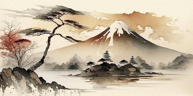 Acuarela de paisaje rígido de tonos suaves de arte japonés