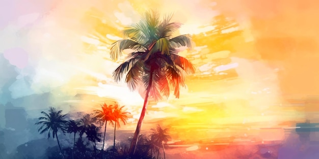 Acuarela de una palmera con una puesta de sol de fondo perfecta para usar como fondo de pantalla del teléfono IA generativa