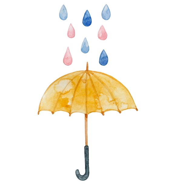Acuarela paraguas amarillo, gotas de lluvia.