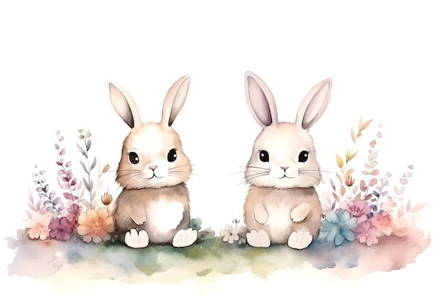 Acuarela pareja de conejos lindos sentados con flores y espacio en blanco imagen de fondo para el animal amoroso