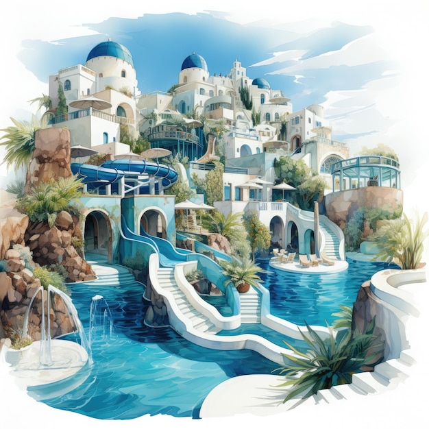 Acuarela Parque acuático de Santorini Fondo blanco Clipart Generativo Ai