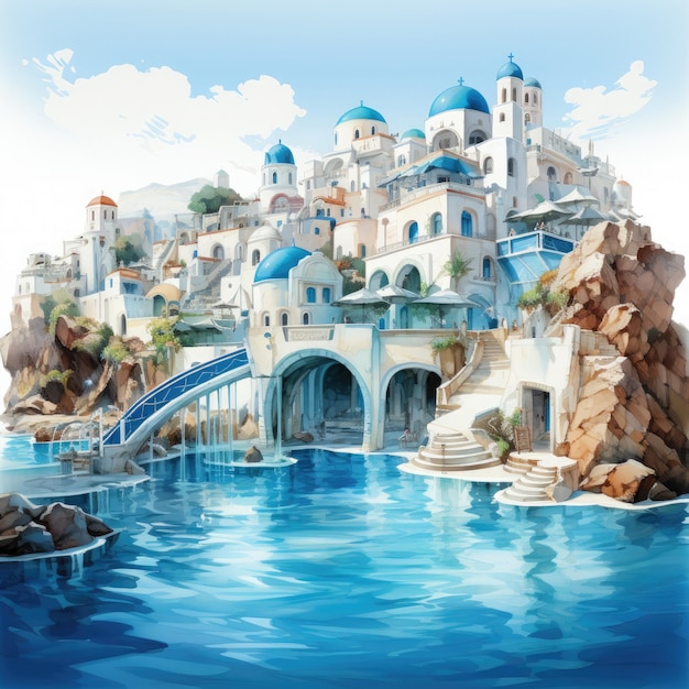 Acuarela Parque acuático de Santorini Fondo blanco Clipart Generativo Ai