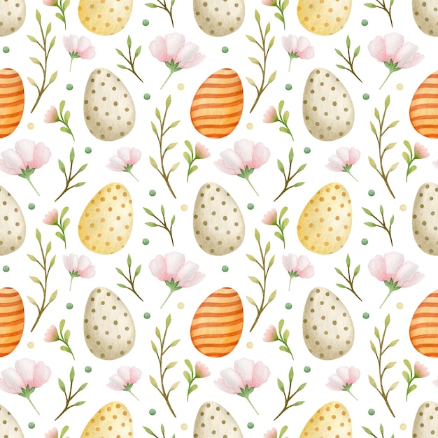 Acuarela Pascua de patrones sin fisuras primavera ramas huevos flores