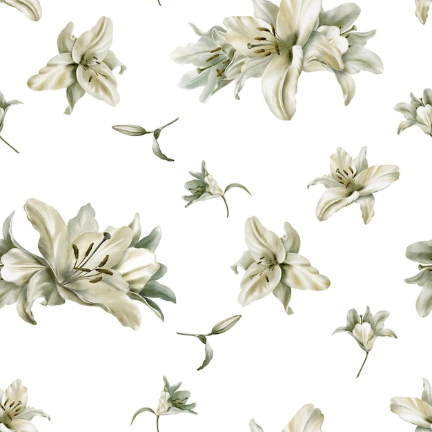 Acuarela patrón sin costuras de lirios blancos en el fondo blanco color de hoja de sábio para para tarjetas de tela volantes carteles estandartes estolas muebles de papel tapiz