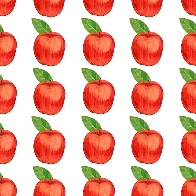 Acuarela patrón sin costuras manzanas rojas con hojas verdes dibujadas a mano en acuarela adecuada para